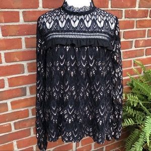 Blue Rain Lace Black Gold Long Sleeve Blouse